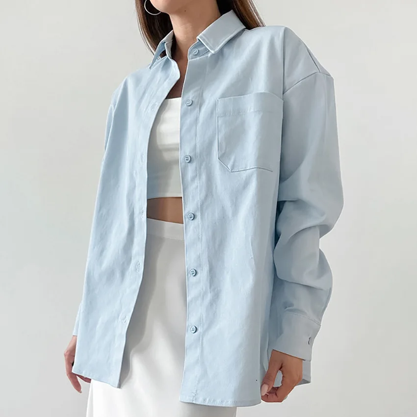 Light Blue Shirt Turn-down Collar Women Blouse Single Breasted Long Sleeve Shirt Spring Classic Elegant Women Tops Daily Outfit
Light Blue Shirt Turn-down Collar Women Blouse Single Breasted Long Sleeve Shirt Spring Classic Elegant Women Tops Daily Outfit