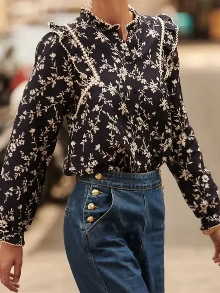 Women Floral Print O-Neck Blouse Long Sleeve Spliced Single Breasted Casual Shirt Tops for Female Autumn 2023
Women Floral Print O-Neck Blouse Long Sleeve Spliced Single Breasted Casual Shirt Tops for Female Autumn 2023