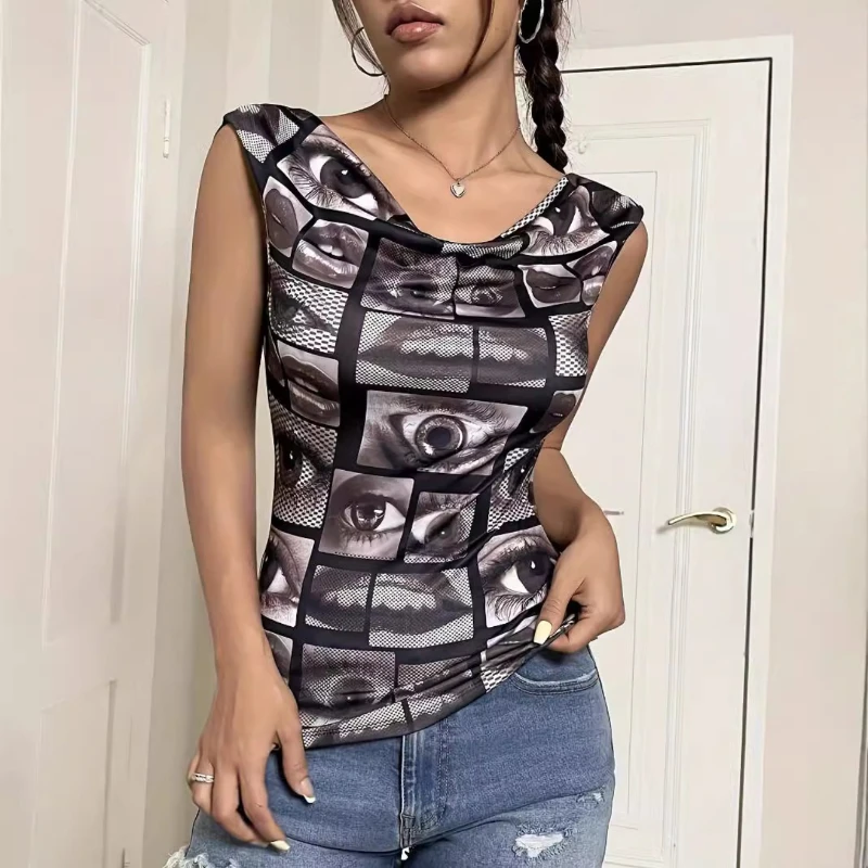 New summer printing hollowed-out backless sleeveless T-shirt slim-fitting and thin top femininity elegant women's clothes
New summer printing hollowed-out backless sleeveless T-shirt slim-fitting and thin top femininity elegant women's clothes