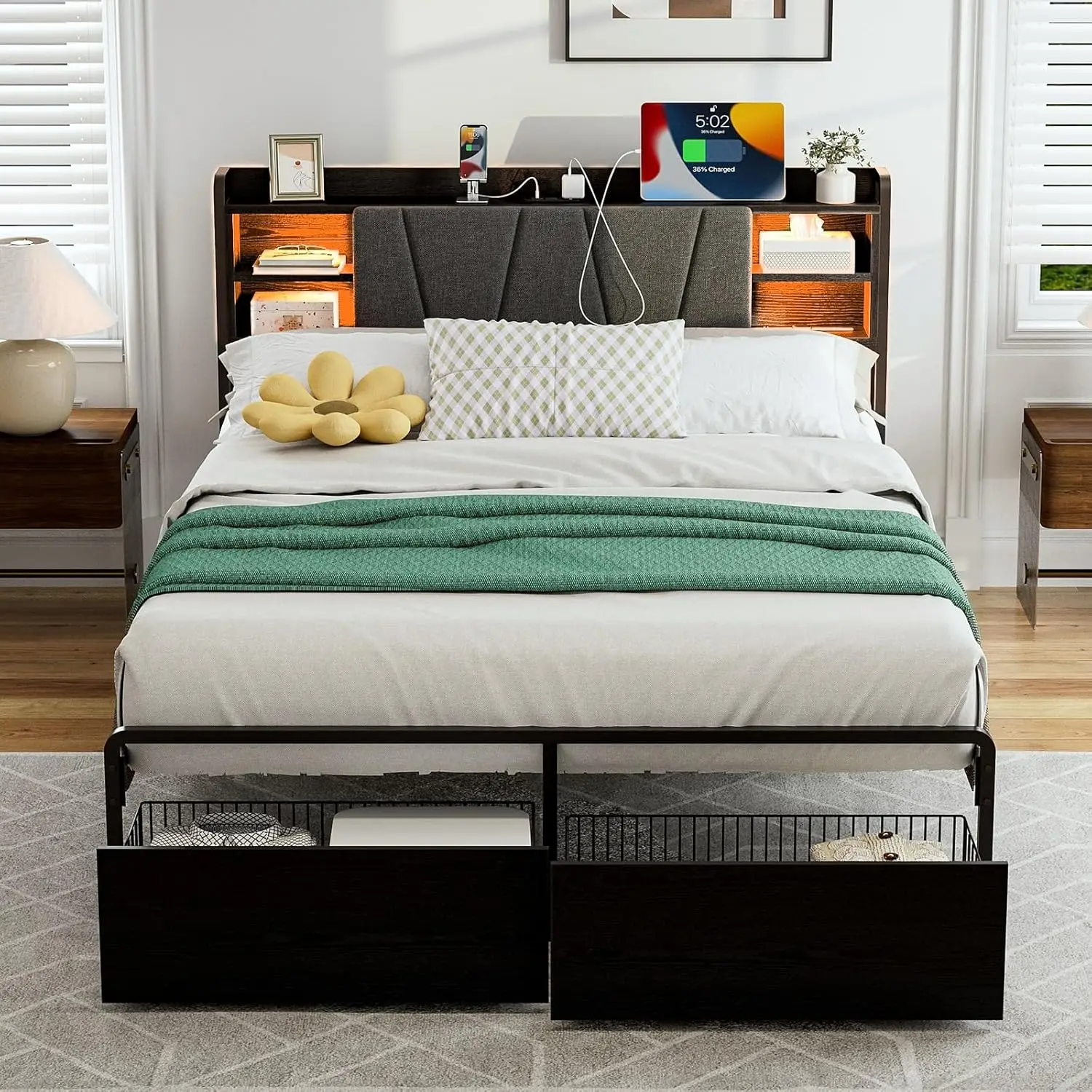 Queen Upholstered Platform Bed Frame with Storage Drawers LED Headboard USB Charging Station Heavy Duty Metal Support No Box Spr
Queen Upholstered Platform Bed Frame with Storage Drawers LED Headboard USB Charging Station Heavy Duty Metal Support No Box Spr
