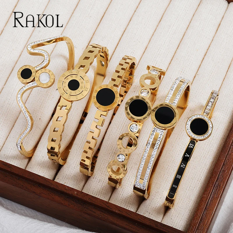 RAKOL Fashion Roman Numerals Black Disc Bracelets Stainless Steel Gold Color Charm Zircon Bangle for Women Jewelry
RAKOL Fashion Roman Numerals Black Disc Bracelets Stainless Steel Gold Color Charm Zircon Bangle for Women Jewelry