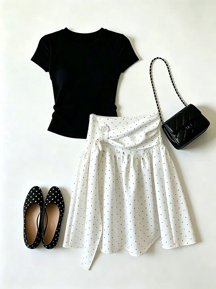Summer Polka Dot A-Line Skirt And Short Sleeve Top Women's Fashion Set High Waist Skirt Elastic Micro And Breathable
Summer Polka Dot A-Line Skirt And Short Sleeve Top Women's Fashion Set High Waist Skirt Elastic Micro And Breathable