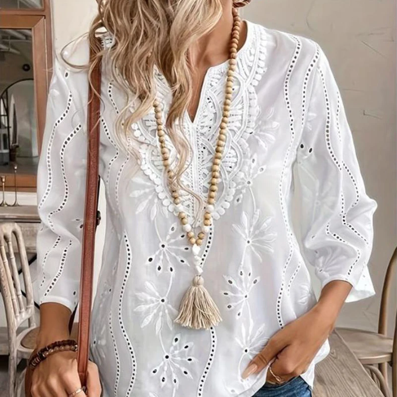 2025 Women's Loose Fitting V-Neck Embroidered Lace Seven Quarter Sleeve For Spring Summer Elegant Formal Office White Shirts Top
2025 Women's Loose Fitting V-Neck Embroidered Lace Seven Quarter Sleeve For Spring Summer Elegant Formal Office White Shirts Top