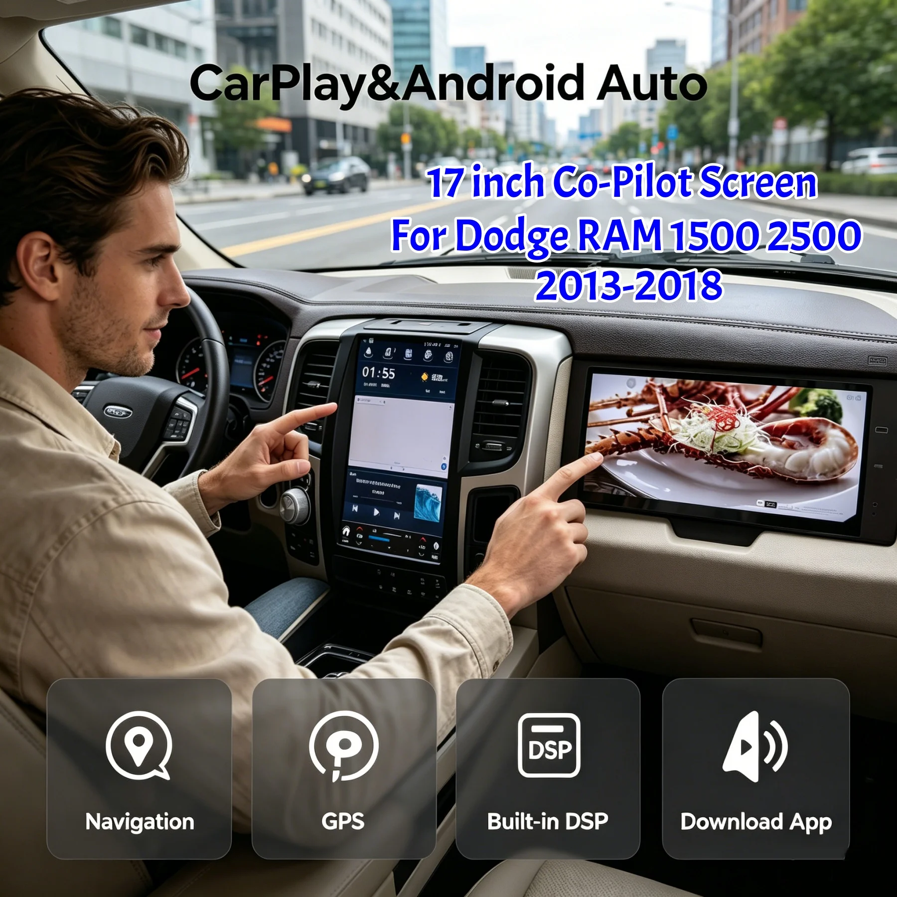 17 inch CarPlay Auto Android Passenger Entertainment For Dodge RAM 1500 2500 3500 2014-2018 GPS Car Copilot Radio Stereo Player
17 inch CarPlay Auto Android Passenger Entertainment For Dodge RAM 1500 2500 3500 2014-2018 GPS Car Copilot Radio Stereo Player
