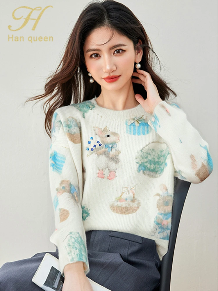 H Han Queen 2025 Autumn Knit Korean O-Neck Chic Nail Bead Printed Mohair Sweater Pullovers Casual Long Sleeve Women's Clothing
H Han Queen 2025 Autumn Knit Korean O-Neck Chic Nail Bead Printed Mohair Sweater Pullovers Casual Long Sleeve Women's Clothing