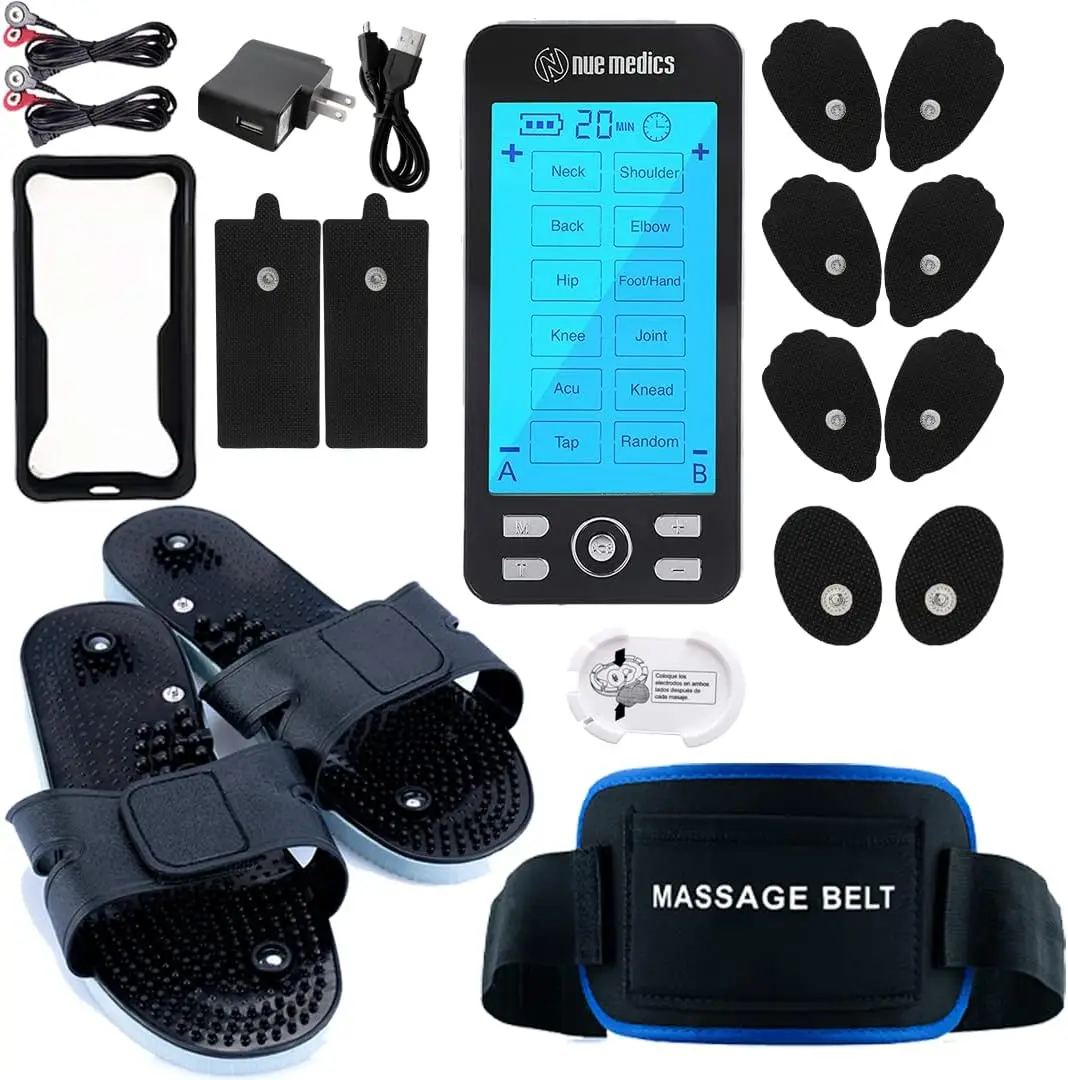 TENS & EMS Muscle Stimulator for Pain Relief: Rechargeable, with Electrode Pads, Belt & Foot Slippers
TENS & EMS Muscle Stimulator for Pain Relief: Rechargeable, with Electrode Pads, Belt & Foot Slippers