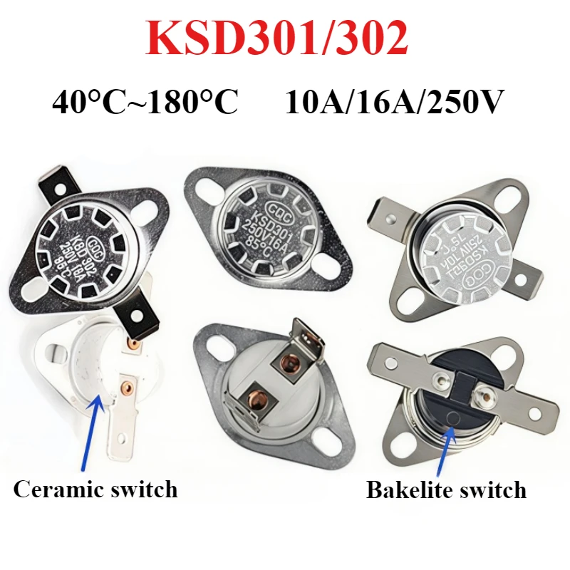 KSD301 KSD302 40-180degree Ceramic 10A 16A 250V Normally Closed Open Temperature Switch Thermostat 40C 45C 50C 55C 60C 65C-95C
KSD301 KSD302 40-180degree Ceramic 10A 16A 250V Normally Closed Open Temperature Switch Thermostat 40C 45C 50C 55C 60C 65C-95C