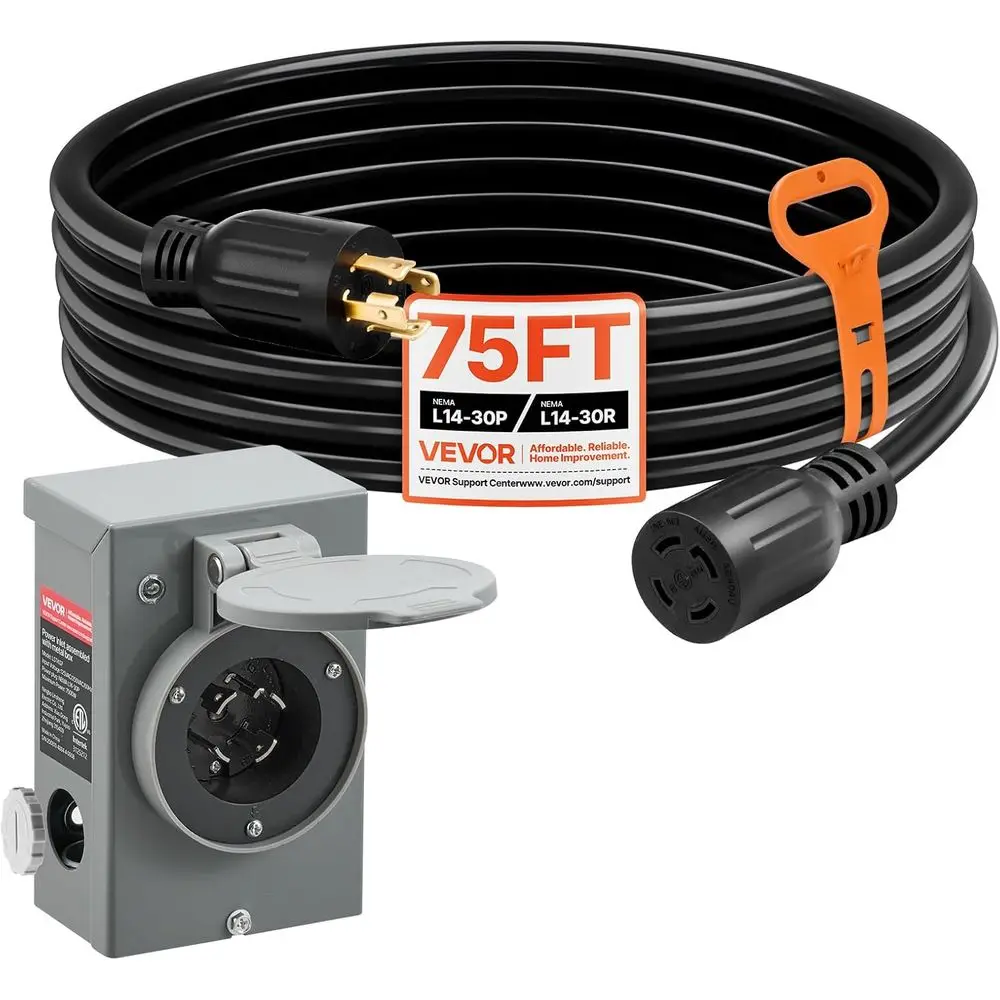 30 Amp Generator Cord and Power Inlet Box, 75 T, 125/250V NEMA L14-30P to L14-30R Heavy Duty Extension Power Cord, SJTW 10 Gauge
30 Amp Generator Cord and Power Inlet Box, 75 T, 125/250V NEMA L14-30P to L14-30R Heavy Duty Extension Power Cord, SJTW 10 Gauge