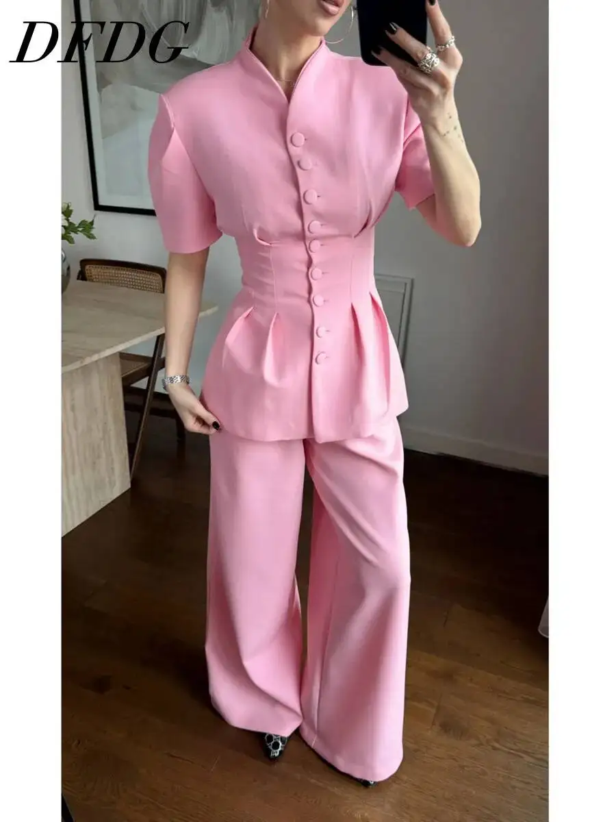 DFDG Women 2026 Spring Summer Set Mandarin Collar Puff Sleeve Button Fitted Waist Wide Leg Pants Office Two Piece Outfit
DFDG Women 2026 Spring Summer Set Mandarin Collar Puff Sleeve Button Fitted Waist Wide Leg Pants Office Two Piece Outfit
