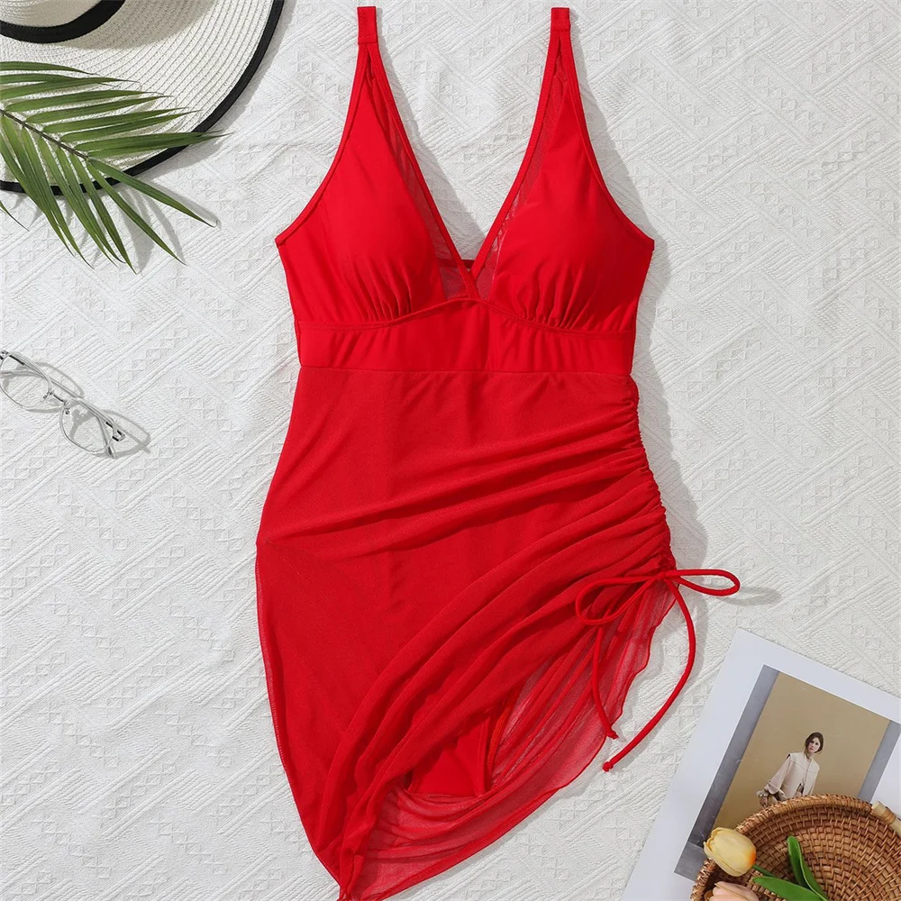 Sexy Mesh Splicing Bikini V Neck Swimsuit Dress Women One-piece Sheer Vacation Swimwear Drawstring Skirt Beach Outfit Set Trajes
Sexy Mesh Splicing Bikini V Neck Swimsuit Dress Women One-piece Sheer Vacation Swimwear Drawstring Skirt Beach Outfit Set Trajes