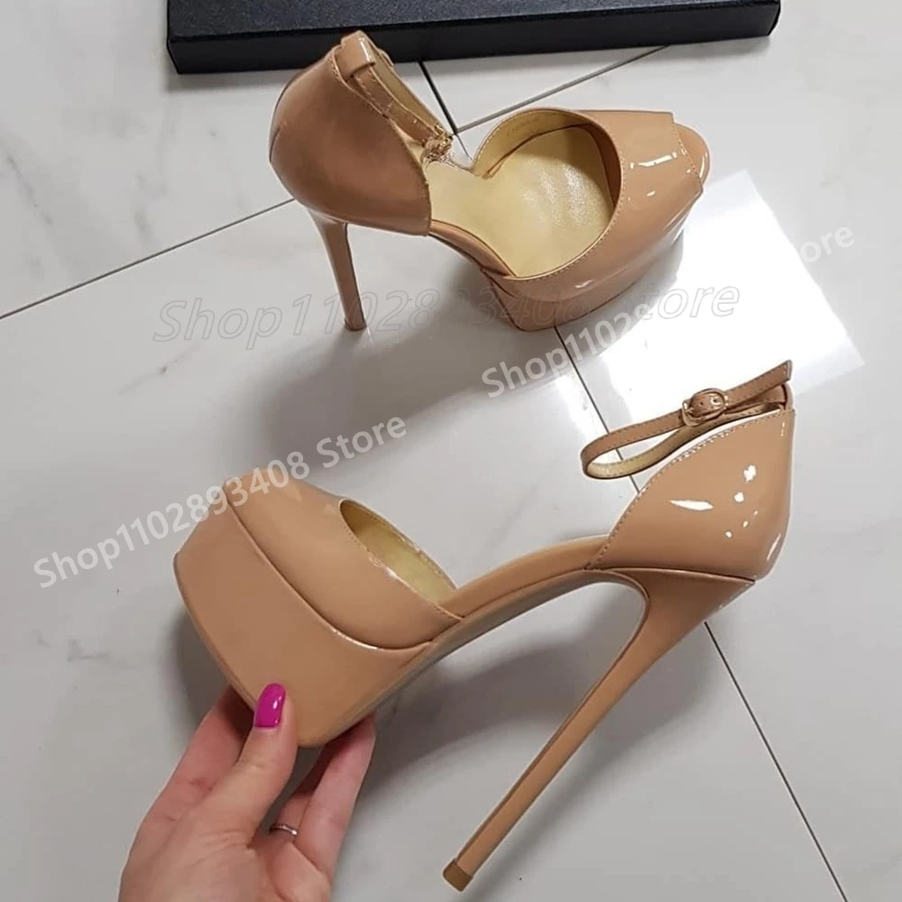 Nude Patent Leather Peep Toe Sandals Ankle Buckle Platform Stiletto High Heel Fashion Women Shoes 2025 Summer ew Para Mujere
Nude Patent Leather Peep Toe Sandals Ankle Buckle Platform Stiletto High Heel Fashion Women Shoes 2025 Summer ew Para Mujere