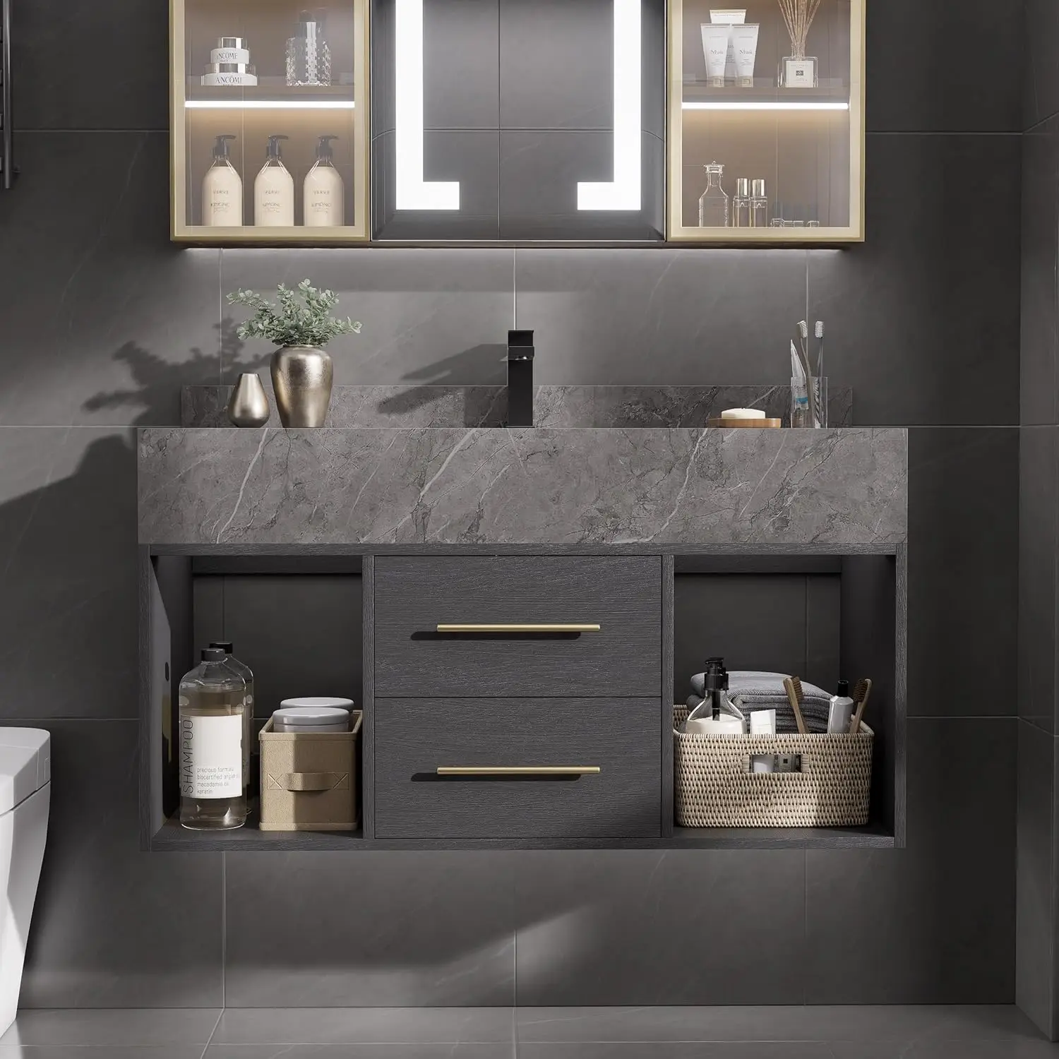 39.4" Wall-Mounted Bathroom Vanity with Sintered Stone Countertop Undermount Sink & 2 Open Shelves, Customized
39.4" Wall-Mounted Bathroom Vanity with Sintered Stone Countertop Undermount Sink & 2 Open Shelves, Customized