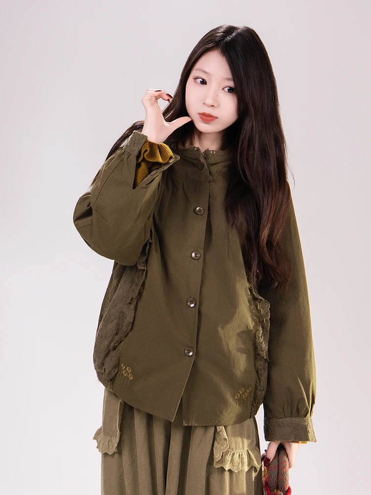 Retro Lace Splicing Embroidered Flower Hooded Cotton Jaet Women's Winter Small Size Warm Cotton Coat Sweet Sle Loose Fit
Retro Lace Splicing Embroidered Flower Hooded Cotton Jaet Women's Winter Small Size Warm Cotton Coat Sweet Sle Loose Fit