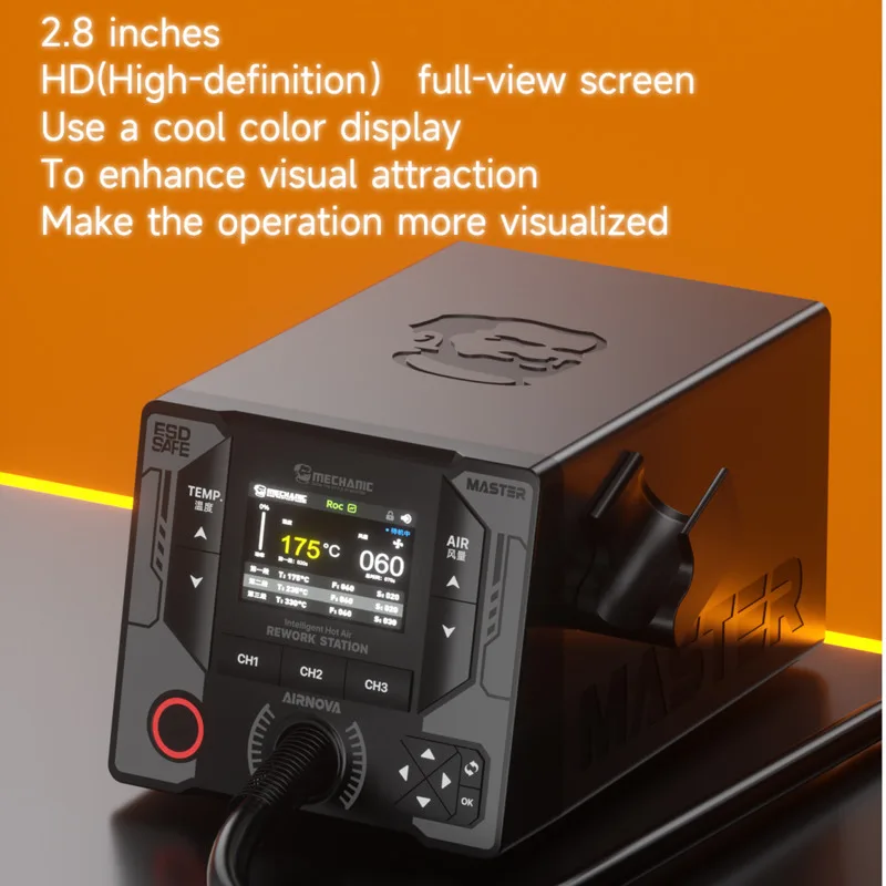 MECHANIC AIRNOVA 1200W Curved Temperature Control Hot Air Station with 2.8"HD Screen for PCB Soldering Phone Repair & BGA Rework
MECHANIC AIRNOVA 1200W Curved Temperature Control Hot Air Station with 2.8"HD Screen for PCB Soldering Phone Repair & BGA Rework