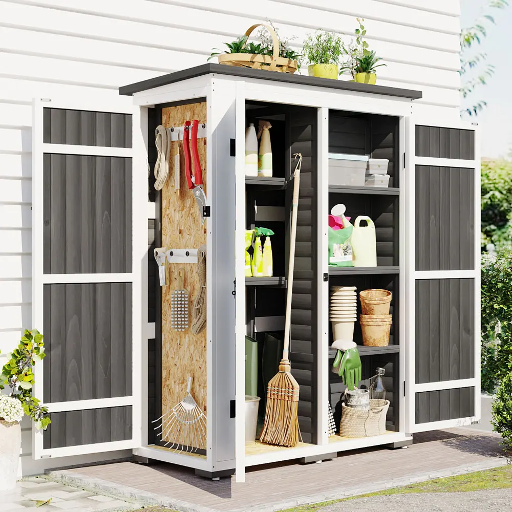Outdoor 5.5ft Hx4.1ft L Wood Storage Shed, Garden Tool Cabinet with Waterproof Asphalt Roof, Four Lockable Doors, Multiple-tier
Outdoor 5.5ft Hx4.1ft L Wood Storage Shed, Garden Tool Cabinet with Waterproof Asphalt Roof, Four Lockable Doors, Multiple-tier