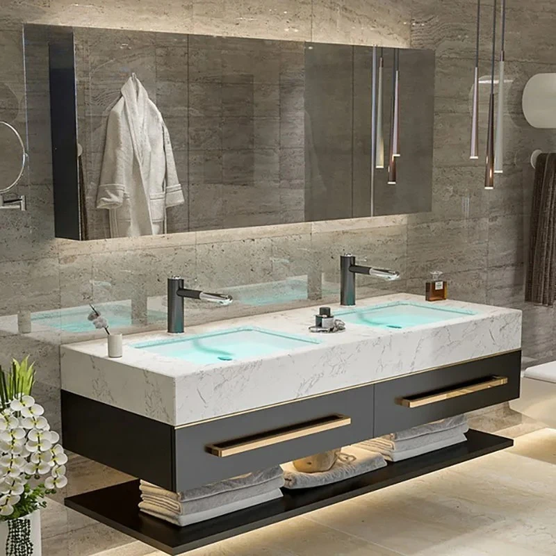 Modern Double Sink Wall Mounted Bathroom Vanity Set, Stone Countertop Bath Cabinet with Large Mirror
Modern Double Sink Wall Mounted Bathroom Vanity Set, Stone Countertop Bath Cabinet with Large Mirror