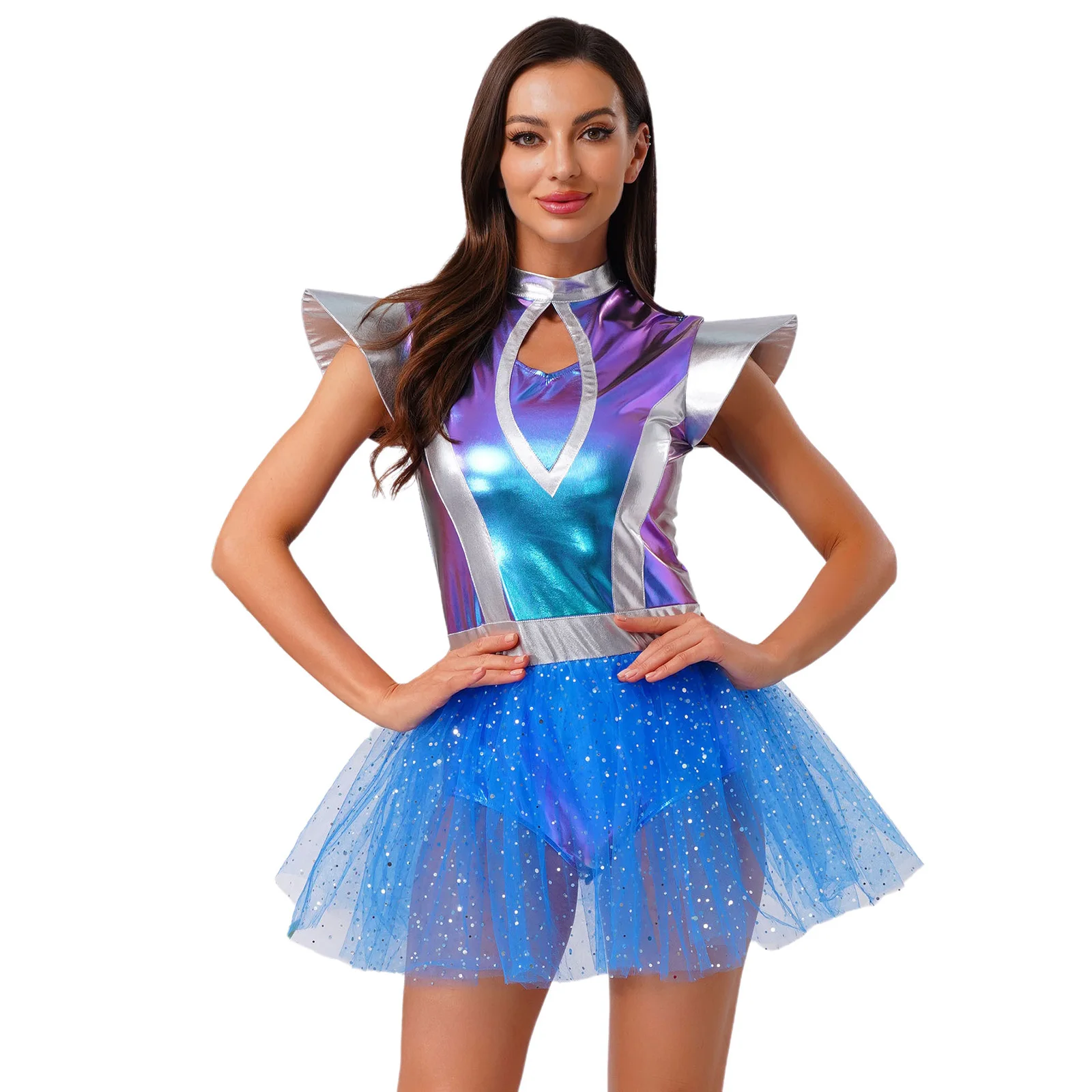 Women Alien Cosplay Costume Halloween Outerspace Astronaut Fly Sleeve Metallic Shiny Tulle Dress for Carnival Future World Party
Women Alien Cosplay Costume Halloween Outerspace Astronaut Fly Sleeve Metallic Shiny Tulle Dress for Carnival Future World Party
