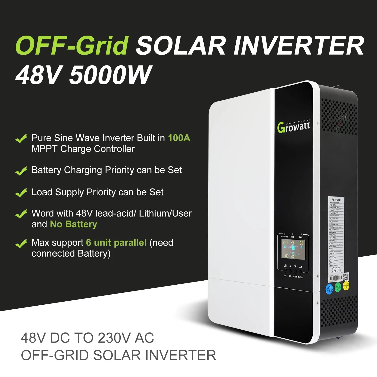 In stock Growatt 5KW Hybrid Solar Inverter 48V 230V MPPT 100A Pure Sine Wave Inversor Can Work Without Battery Support Wifi New
In stock Growatt 5KW Hybrid Solar Inverter 48V 230V MPPT 100A Pure Sine Wave Inversor Can Work Without Battery Support Wifi New