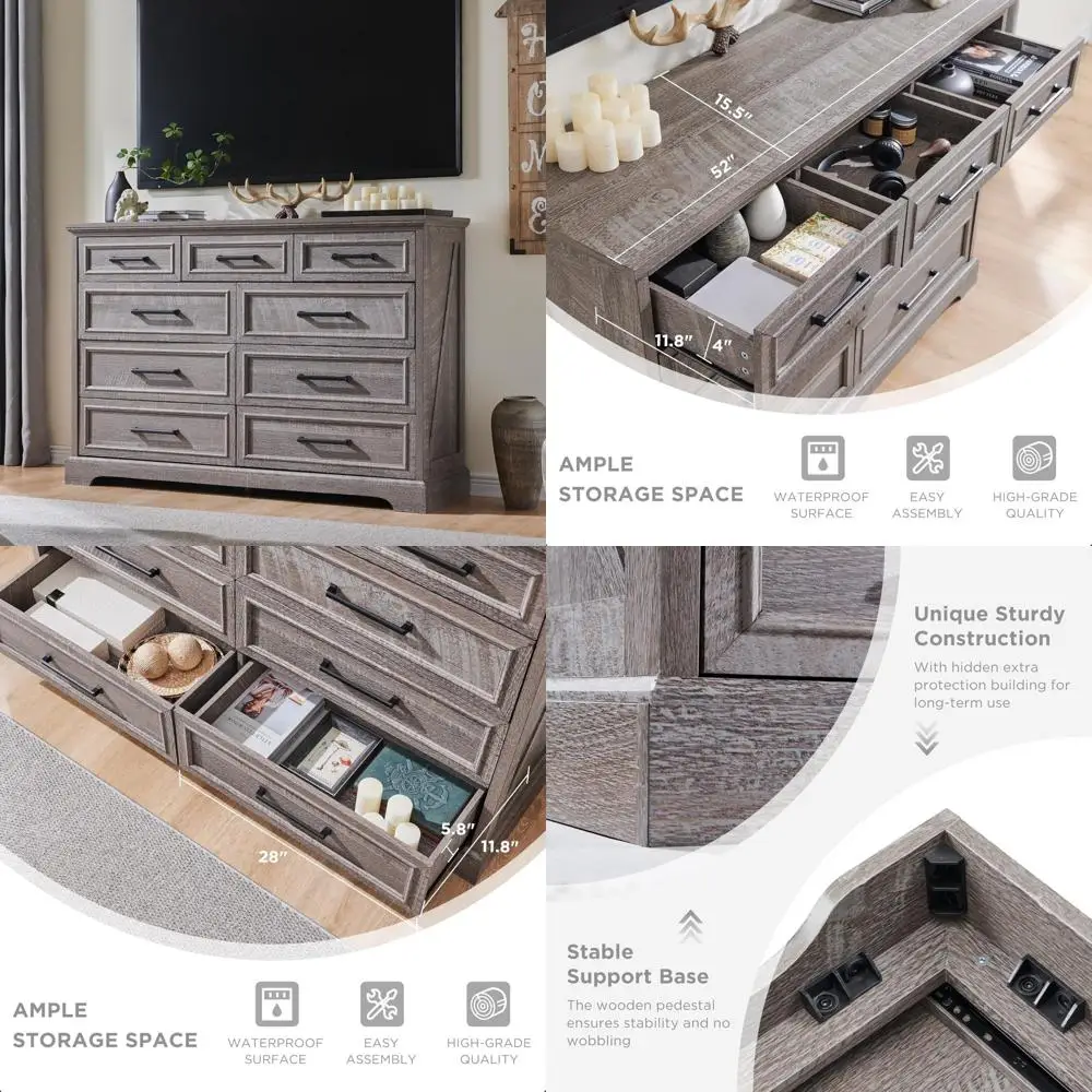 farmhouse style 52" wide 9-drawer chest with roman columns for bedroom storage
farmhouse style 52" wide 9-drawer chest with roman columns for bedroom storage