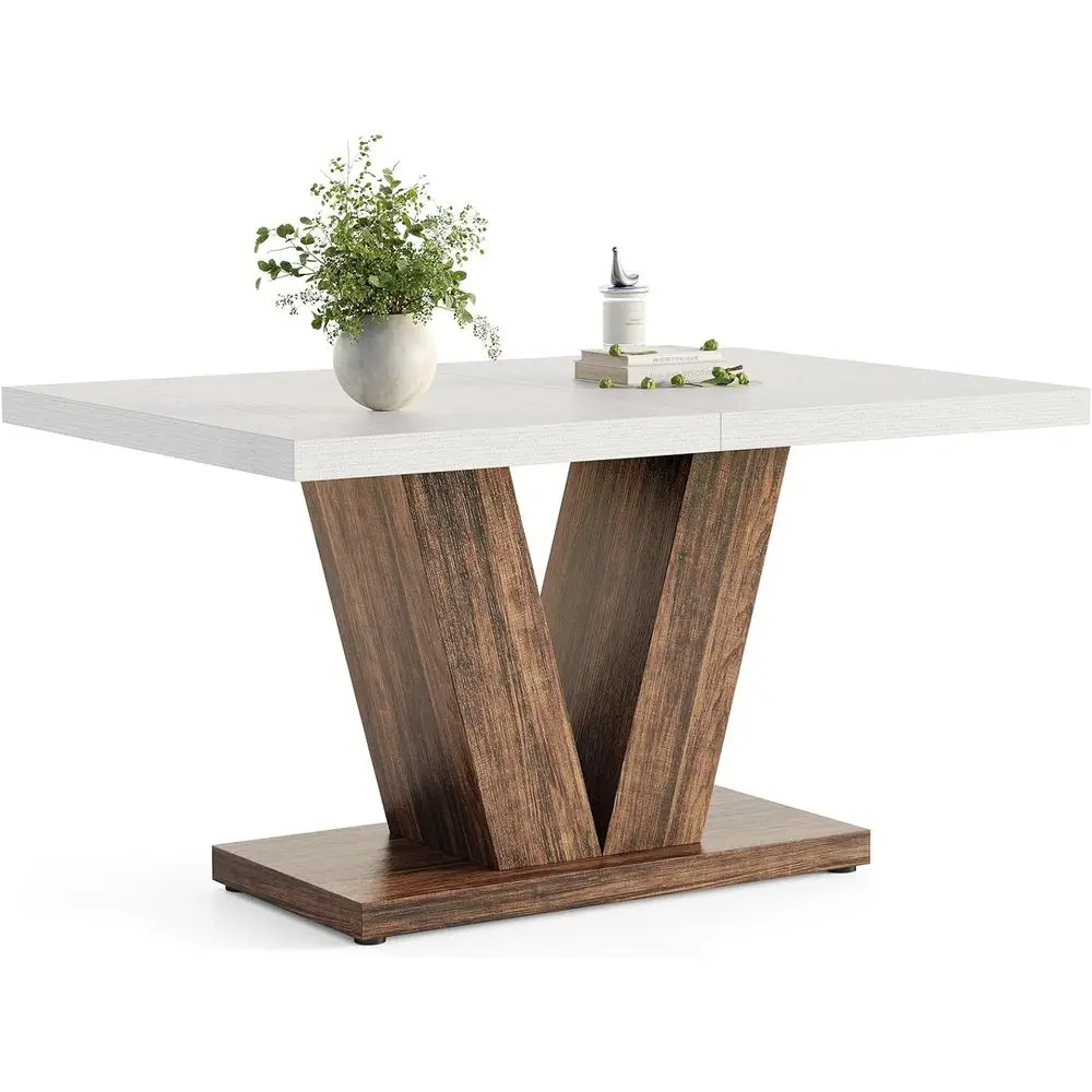 Modern White Rectangle Dining Table for 4, Rustic Brown V-Shaped Pedestal, Suitable for Kitchen, Dining & Living Rooms
Modern White Rectangle Dining Table for 4, Rustic Brown V-Shaped Pedestal, Suitable for Kitchen, Dining & Living Rooms