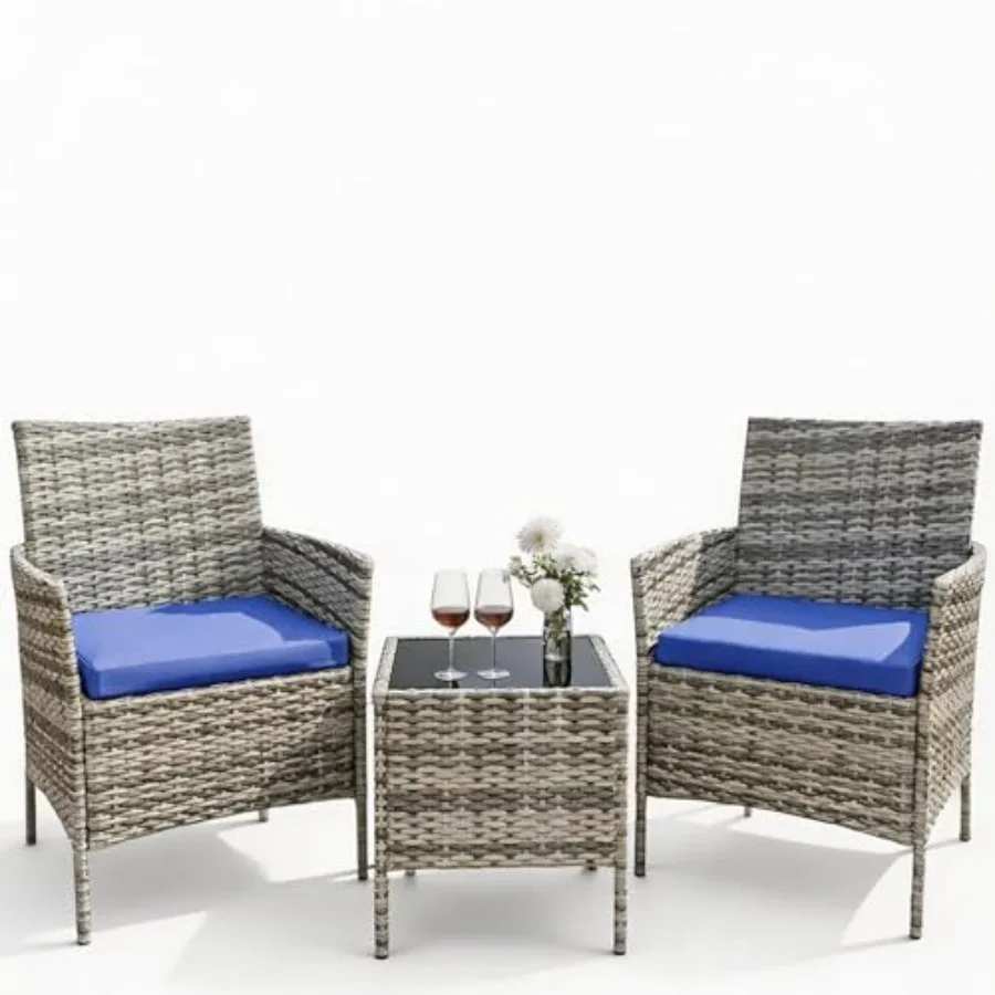 3 Pieces Patio Furniture Set with Cushions and Tempered Glass Table for Porch Garden Gray Gradient Wicker/Blue Cushions
3 Pieces Patio Furniture Set with Cushions and Tempered Glass Table for Porch Garden Gray Gradient Wicker/Blue Cushions