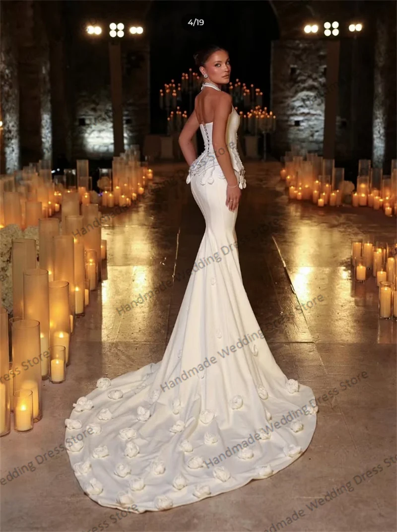 Sexy Mermaid Wedding Dress 3D Flower Halter Sleeveless Lace Up Back Sheath Bridal Evening Gown Customized Beach Garden Long Robe
Sexy Mermaid Wedding Dress 3D Flower Halter Sleeveless Lace Up Back Sheath Bridal Evening Gown Customized Beach Garden Long Robe