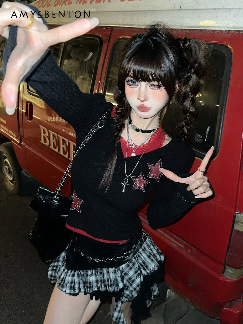American Retro Spring and Summer Star Print Fake Two-piece Knitted Off-the-shoulder T-shirt Suspender Slim-fit Spice Top Girl
American Retro Spring and Summer Star Print Fake Two-piece Knitted Off-the-shoulder T-shirt Suspender Slim-fit Spice Top Girl