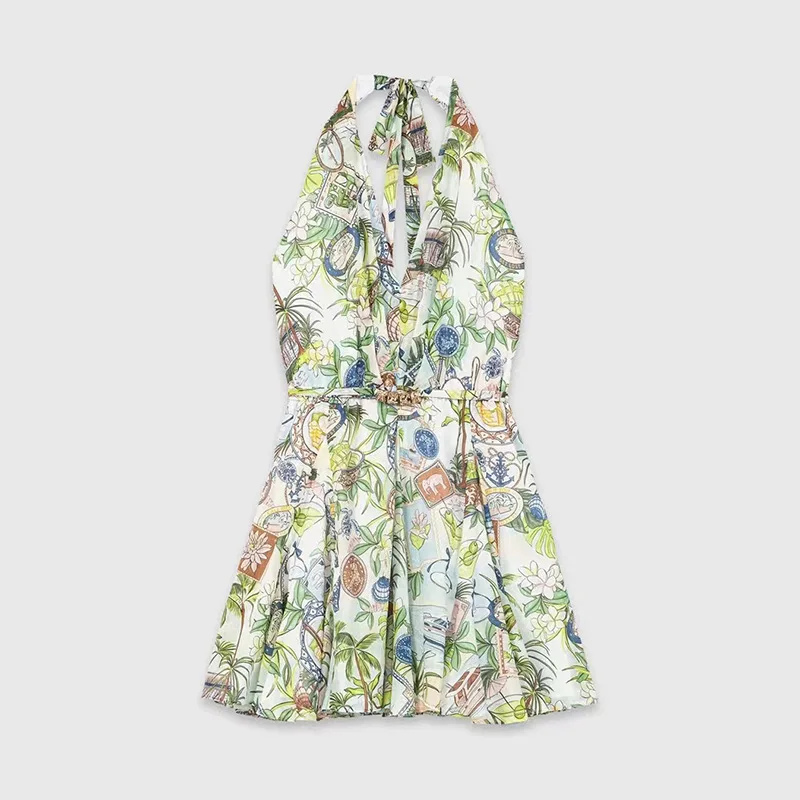 Summer New Women's Floral Green Pure Cotton Holiday Sexy Backless Strap Neck Dress Short Skirt French Style A-Line Waist Shaping
Summer New Women's Floral Green Pure Cotton Holiday Sexy Backless Strap Neck Dress Short Skirt French Style A-Line Waist Shaping