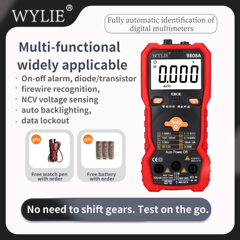 WYLIE 9808A Интеллектуальный цифровой мультиметр с защитой от перегрузки Удержание данных, автоматическое отключение питания, функция фонарика для обслуживания электрооборудования
WYLIE 9808A Интеллектуальный цифровой мультиметр с защитой от перегрузки Удержание данных, автоматическое отключение питания, функция фонарика для обслуживания электрооборудования