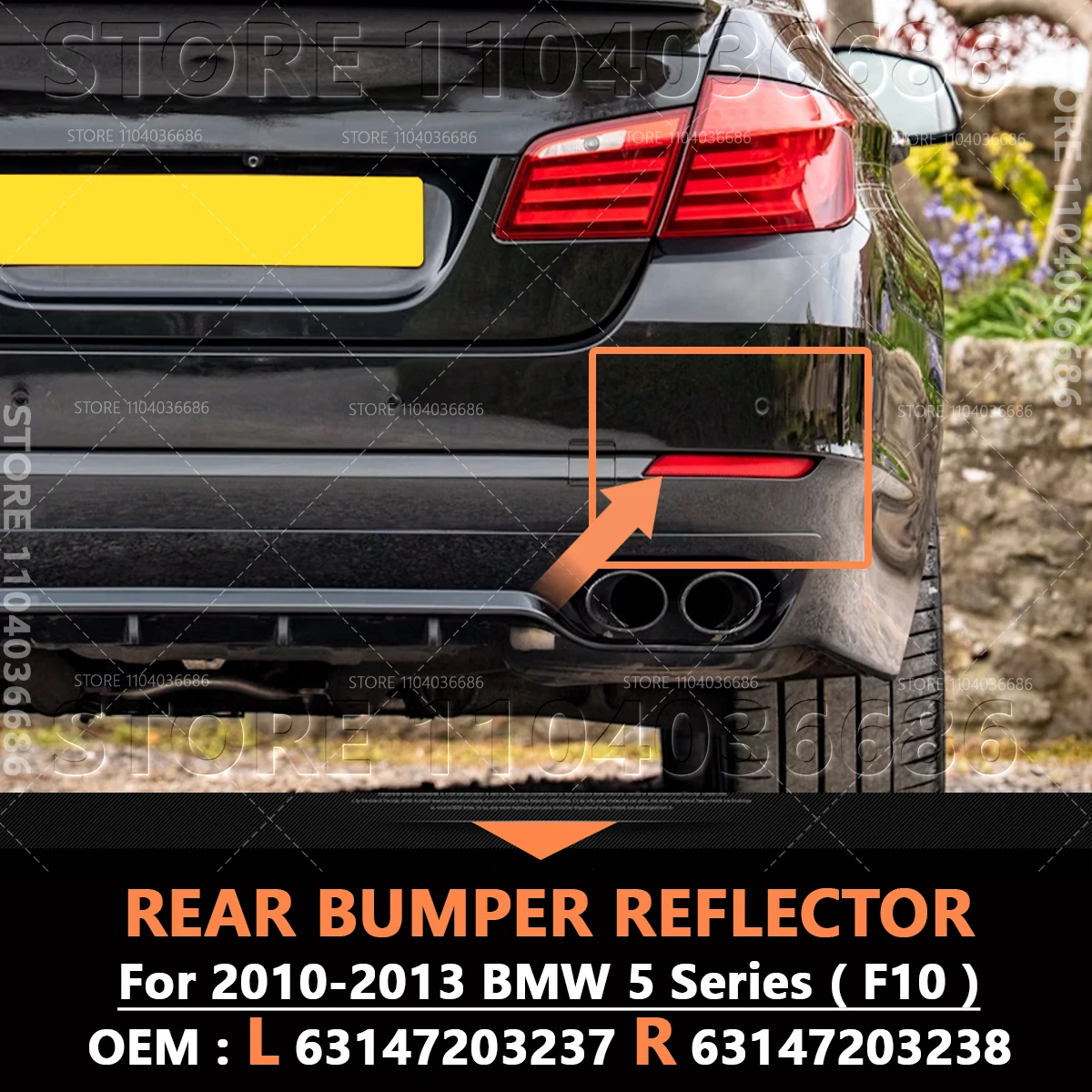 For 2010-2013 528i 528iX 535i 535iX 550i 550iX, Hybrid 5 (F10) Rear Bumper Reflector Warning Reflective 63147203237 63147203238 
For 2010-2013 528i 528iX 535i 535iX 550i 550iX, Hybrid 5 (F10) Rear Bumper Reflector Warning Reflective 63147203237 63147203238