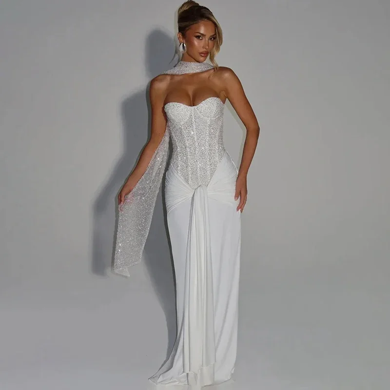 Luxury Sequin Strapless Party Long Dress With Scarf Sexy Plunge Slim Sparkling Female Elegant Dress Lace Up Autumn New
Luxury Sequin Strapless Party Long Dress With Scarf Sexy Plunge Slim Sparkling Female Elegant Dress Lace Up Autumn New