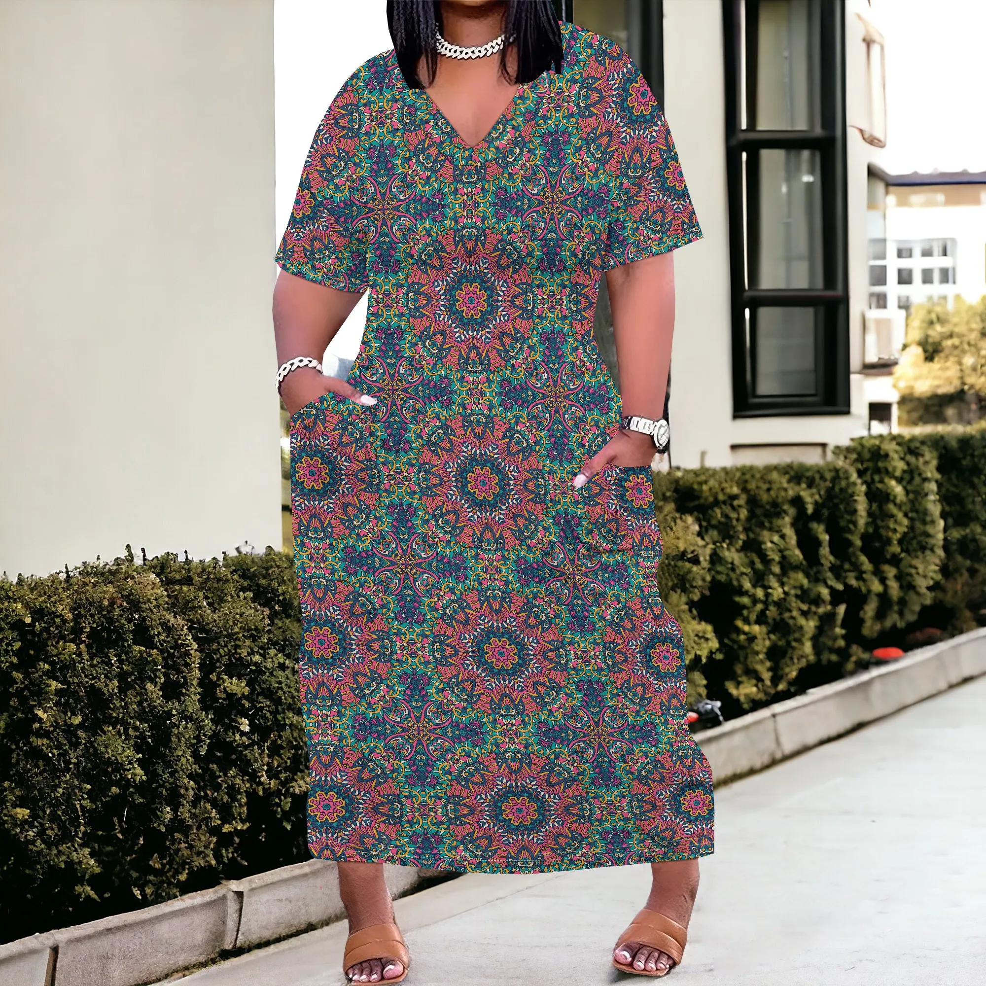 Women's Plus Size Maxi Dress V-Neck Boho Tribal Print Geometric Loose Fit Rayon Pockets XL-6XL House Dress Loungewear
Women's Plus Size Maxi Dress V-Neck Boho Tribal Print Geometric Loose Fit Rayon Pockets XL-6XL House Dress Loungewear