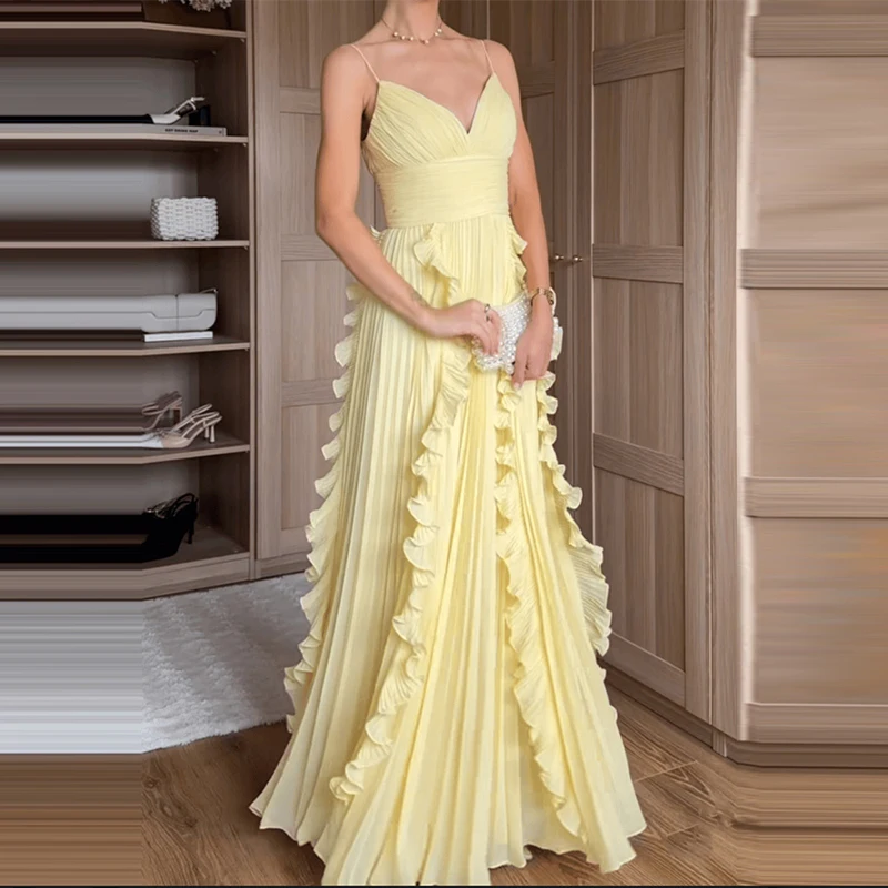 Элегантное платье без рукавов с v-образным вырезом на подтяжках, женское модное плиссированное однотонное длинное платье с высокой талией, повседневное вечернее платье с рюшами
Элегантное платье без рукавов с v-образным вырезом на подтяжках, женское модное плиссированное однотонное длинное платье с высокой талией, повседневное вечернее платье с рюшами