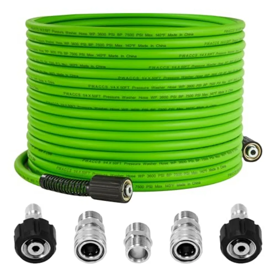 Pressure Washer Hose 50 FT x 1/4, for outdoor cleaning, reinforced PVC with polyester braid, green, kink-resistant and universa
Pressure Washer Hose 50 FT x 1/4, for outdoor cleaning, reinforced PVC with polyester braid, green, kink-resistant and universa