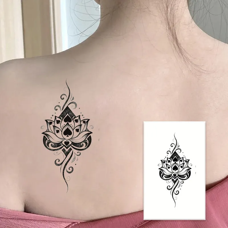 Entwining Spade Lotus tattoo sticker: sensual dark moon design for neck scar cover. Semi-permanent & temporary.
Entwining Spade Lotus tattoo sticker: sensual dark moon design for neck scar cover. Semi-permanent & temporary.