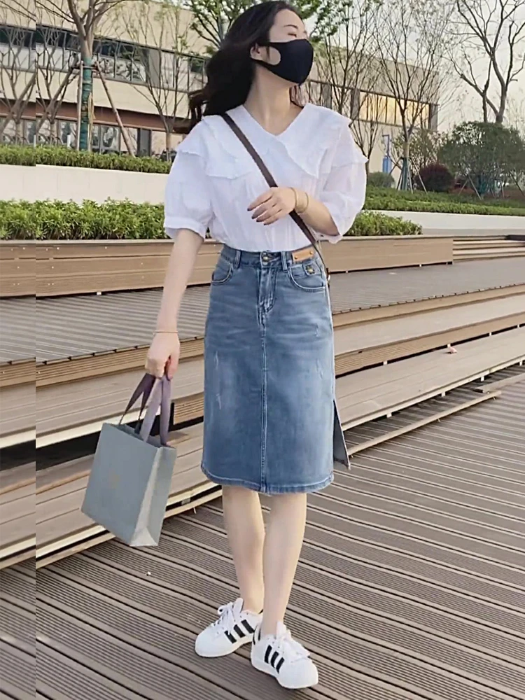 Loose White Shirt Doll Collar Denim Skirt Two-Piece Set Women's High-End Summer Casual Fashion Skirt Cotton Blend
Loose White Shirt Doll Collar Denim Skirt Two-Piece Set Women's High-End Summer Casual Fashion Skirt Cotton Blend