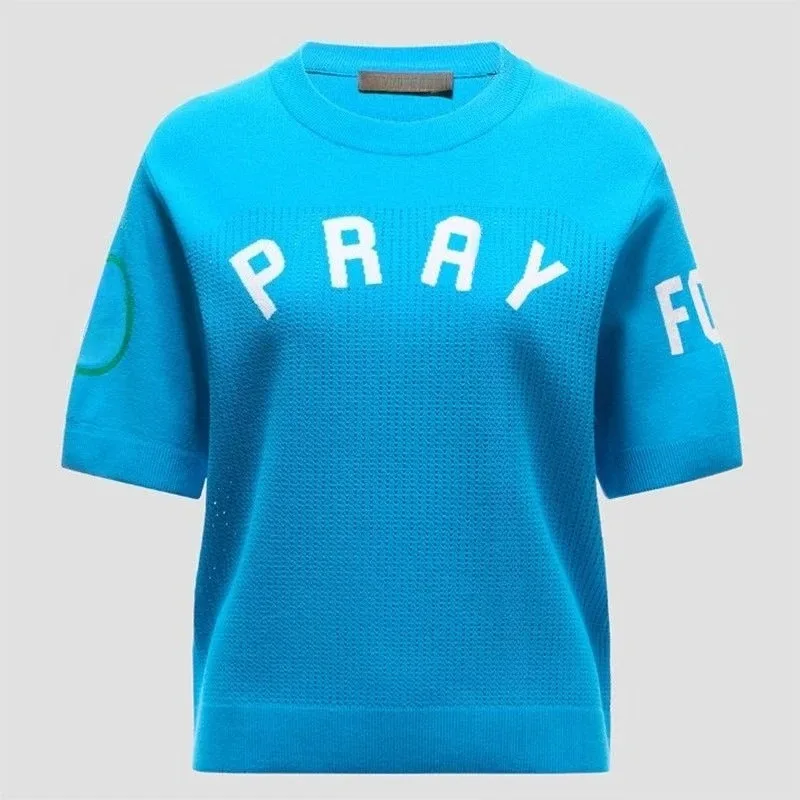 26 New Golf Crew Neck Knit Short Sleeve, Breathable Mesh Letter Print Sports Top, Women's Outdoor Casual Knitwear
26 New Golf Crew Neck Knit Short Sleeve, Breathable Mesh Letter Print Sports Top, Women's Outdoor Casual Knitwear