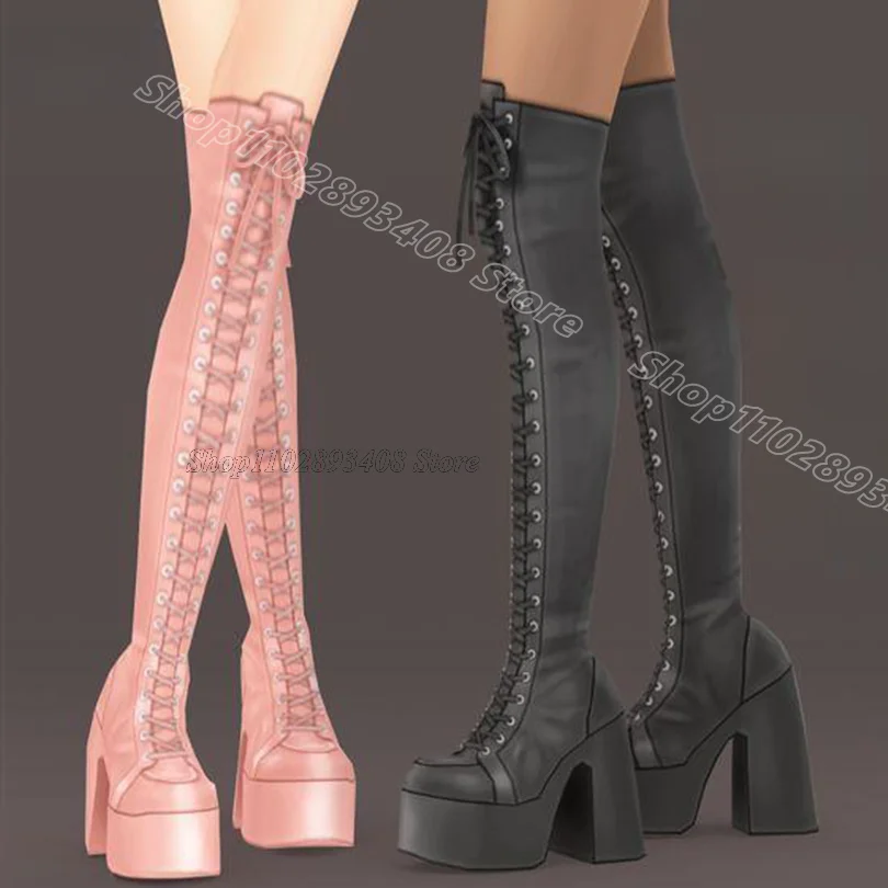 Pink Plaform Punk Style Boots Lace up Solid New Stylish Spring Chunky Heels for Women Over Knee Boots 2024 Zapatos Para Mujere
Pink Plaform Punk Style Boots Lace up Solid New Stylish Spring Chunky Heels for Women Over Knee Boots 2024 Zapatos Para Mujere