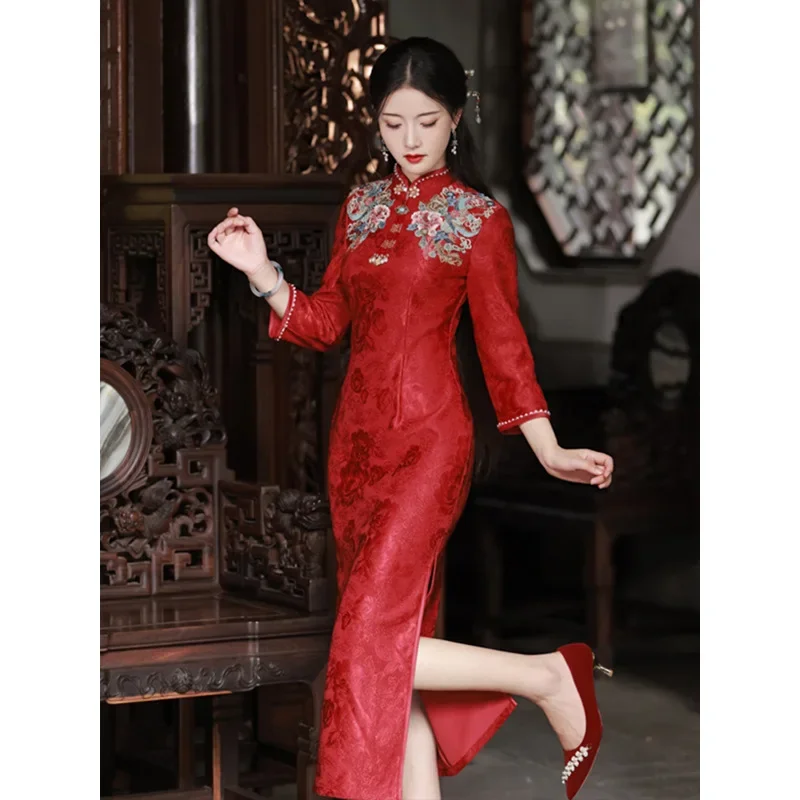Yourqipao Red Cheongsam Chinese Wedding Toast Wear Long-sleeved Wedding Gowns Bridal Engagement Qipao Dress for Women
Yourqipao Red Cheongsam Chinese Wedding Toast Wear Long-sleeved Wedding Gowns Bridal Engagement Qipao Dress for Women