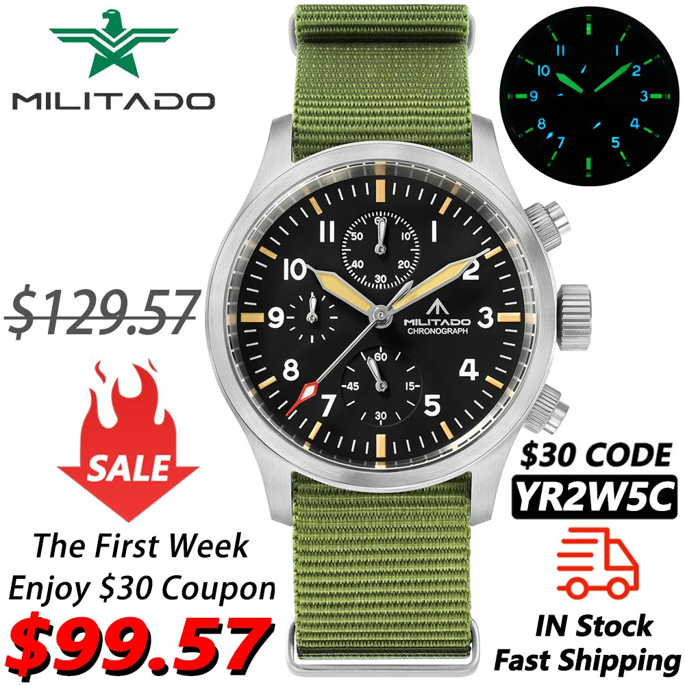 Militado Новые кварцевые часы ML1868KF VK67, хронограф, светящиеся часы, сапфировое стекло, водонепроницаемые наручные часы 100 м
Militado Новые кварцевые часы ML1868KF VK67, хронограф, светящиеся часы, сапфировое стекло, водонепроницаемые наручные часы 100 м