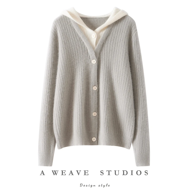 Autumn Winter Thicken Cashmere Sweater Women Fake Two Piece Hooded Cardigan 100% Cashmere Knitwear Striped Jacquard Clothing Top
Autumn Winter Thicken Cashmere Sweater Women Fake Two Piece Hooded Cardigan 100% Cashmere Knitwear Striped Jacquard Clothing Top