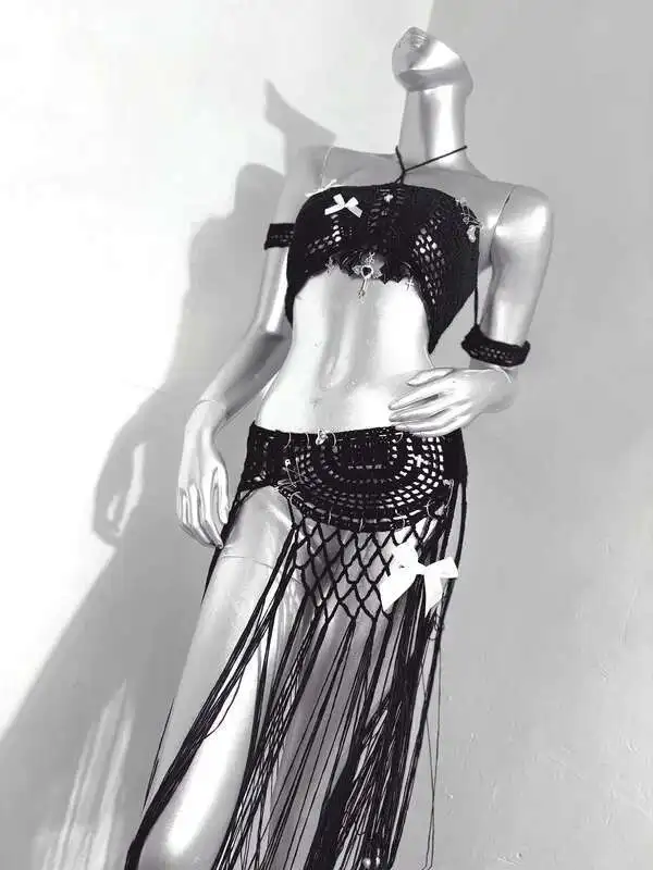 TDH * Milk Cake Black Angel Handmade Yarn Crochet Strap Hollow Hole Tassel Cover Skirt Two Piece Set for Women
TDH * Milk Cake Black Angel Handmade Yarn Crochet Strap Hollow Hole Tassel Cover Skirt Two Piece Set for Women
