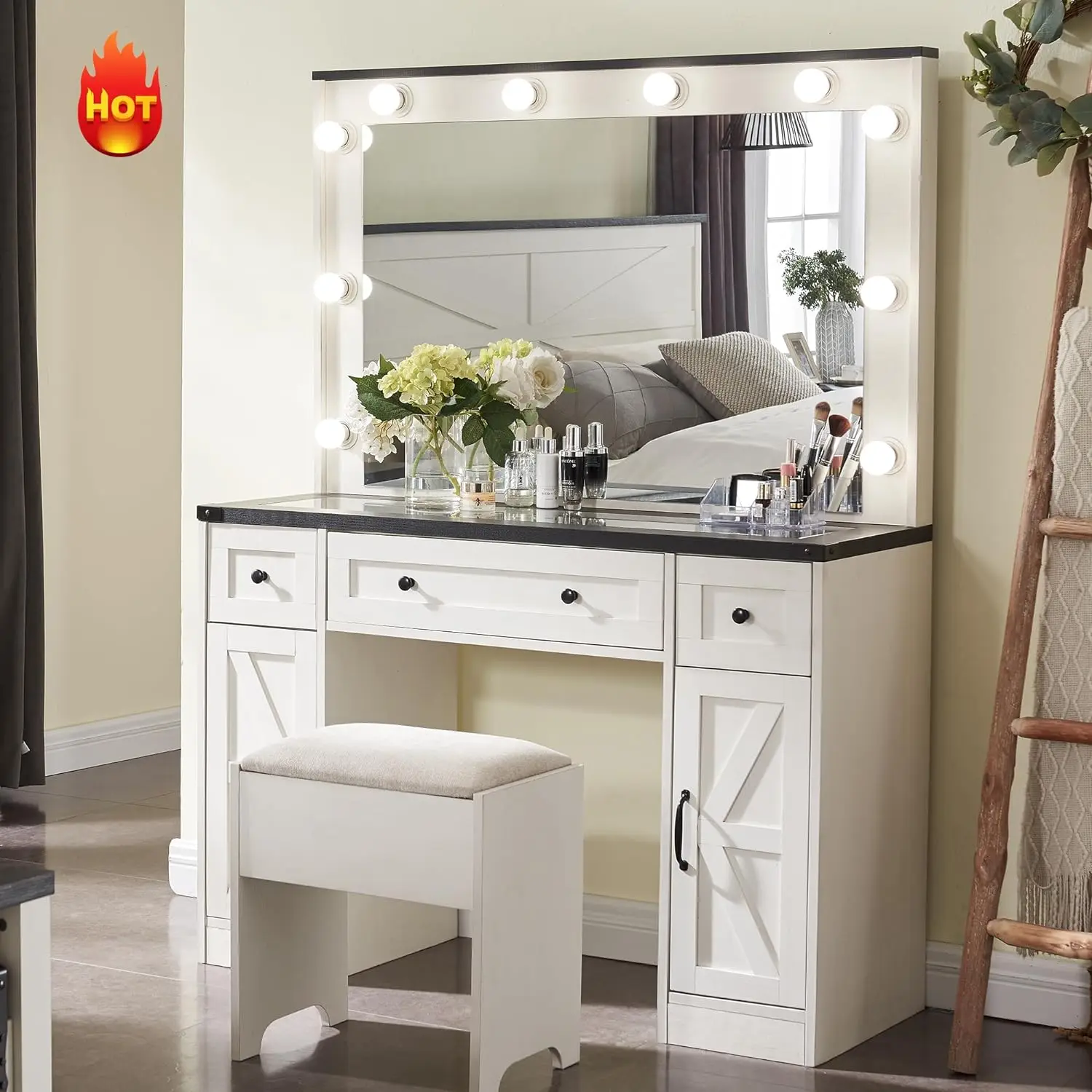 JXQTLINGMU Farmhouse Vanity Desk with Hollywood Makeup Mirror - Ample Storage Space with 3 Drawers & 2 Cabinets
JXQTLINGMU Farmhouse Vanity Desk with Hollywood Makeup Mirror - Ample Storage Space with 3 Drawers & 2 Cabinets