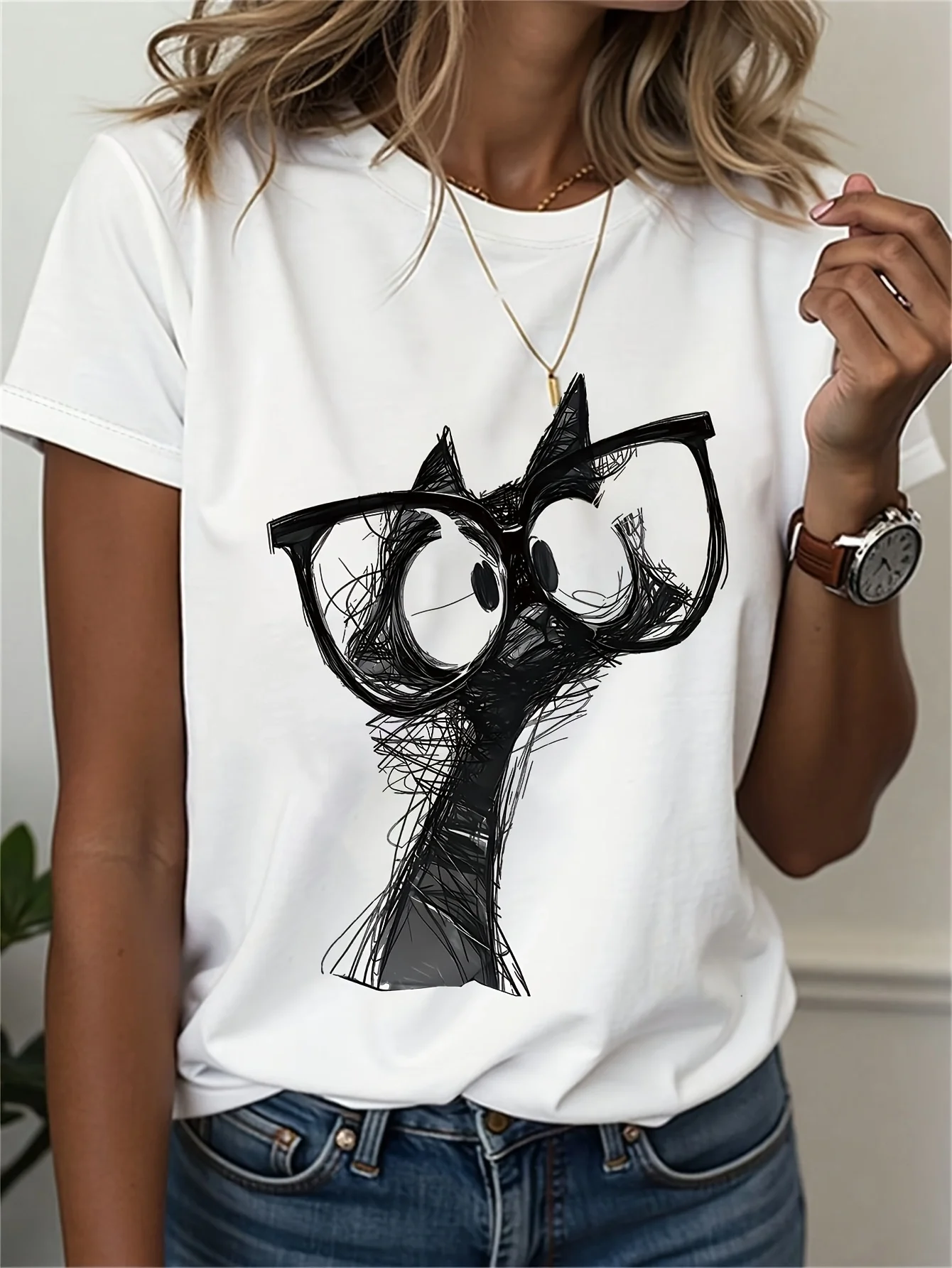 Women's T-shirt Short Sleeve Funny Glasses Cat Pattern Graphic Print Casual Top For Summer & Spring
Women's T-shirt Short Sleeve Funny Glasses Cat Pattern Graphic Print Casual Top For Summer & Spring