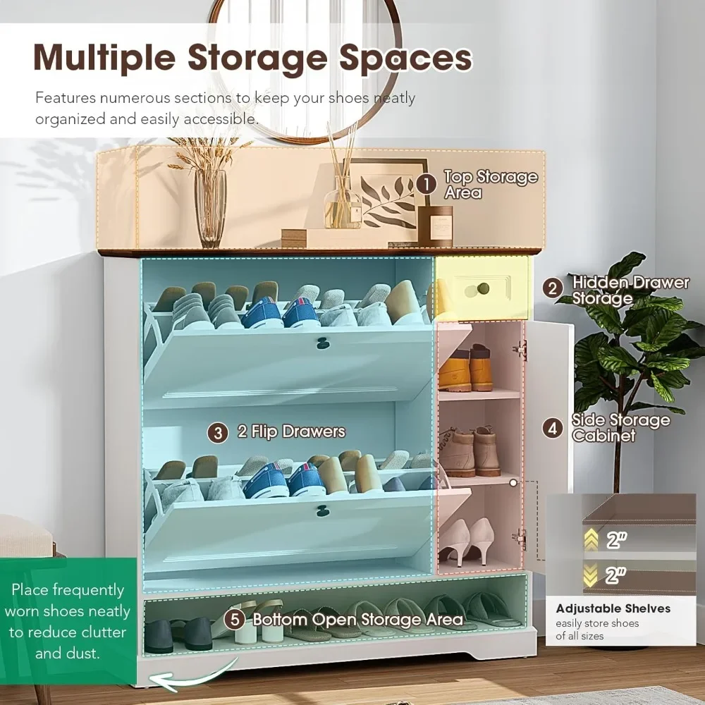 Shoe Cabinet with 2 Flip Drawers and Side Cabinets, Independent Hidden Shoe Storage with Adjustable Shelves
Shoe Cabinet with 2 Flip Drawers and Side Cabinets, Independent Hidden Shoe Storage with Adjustable Shelves