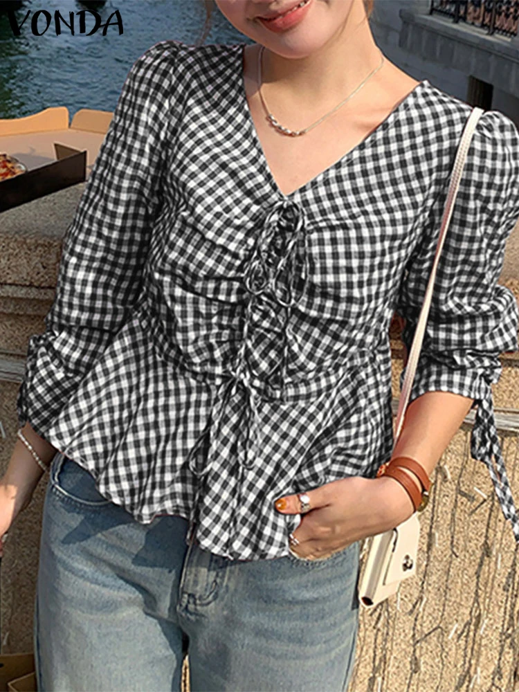 VONDA Women OL Work Tops 2025 Summer Ruffled Plaid Blouse 3/4 Sleeve Casual Loose V-Neck Tunic Drawstring Female Blusas Oversize
VONDA Women OL Work Tops 2025 Summer Ruffled Plaid Blouse 3/4 Sleeve Casual Loose V-Neck Tunic Drawstring Female Blusas Oversize