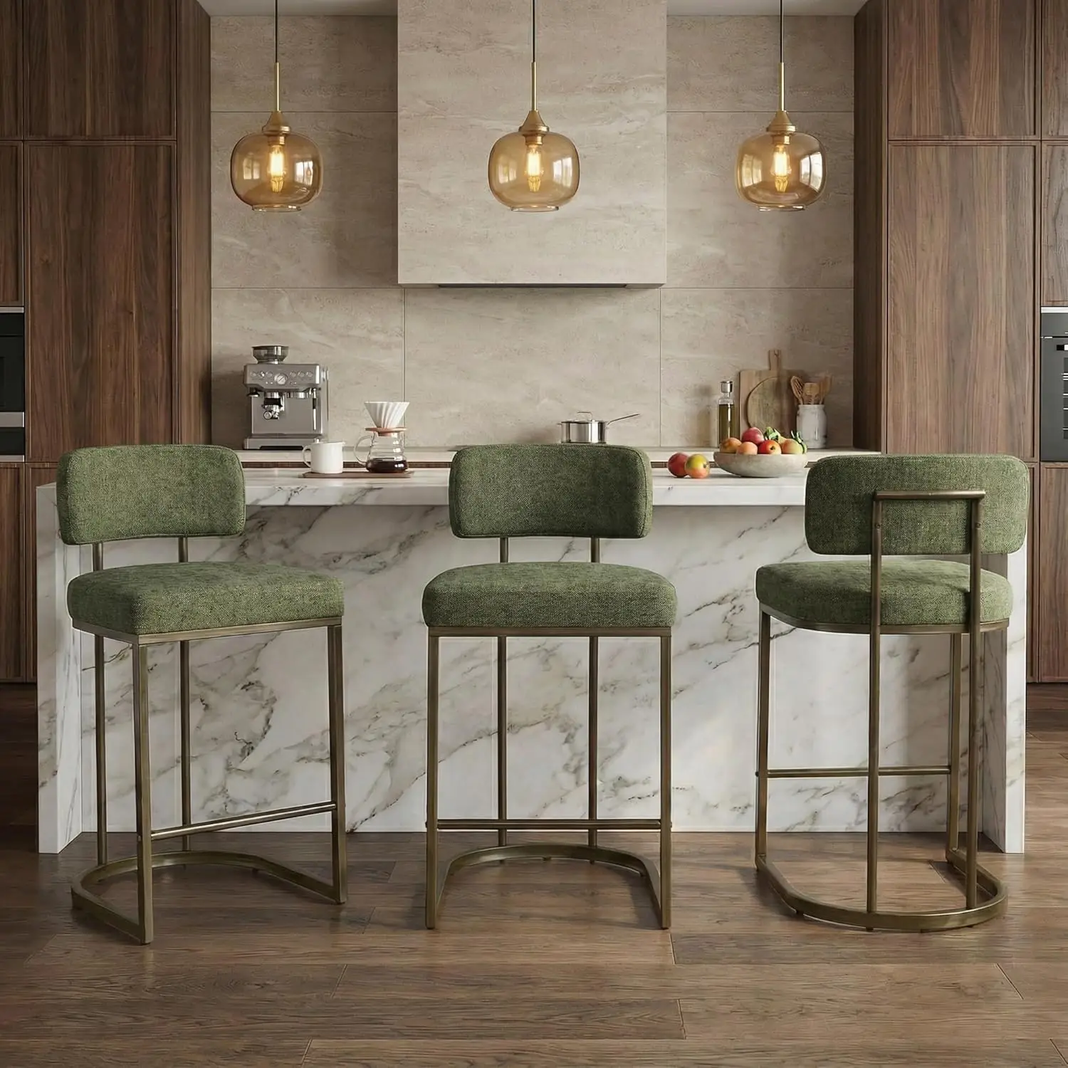 Height Bar Stools Set of 3, Modern Linen Fabric Upholstered Barstools with Backrest for Kitchen Island, Gold Metal Frames, Green
Height Bar Stools Set of 3, Modern Linen Fabric Upholstered Barstools with Backrest for Kitchen Island, Gold Metal Frames, Green