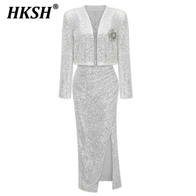 HKSH Spring Summer New Women Tide Ins Fashion Elegant Long Sleeved Sequin Suit Jacket Strap Long Wrap Dress Two-Piece Set HK5685
HKSH Spring Summer New Women Tide Ins Fashion Elegant Long Sleeved Sequin Suit Jacket Strap Long Wrap Dress Two-Piece Set HK5685
