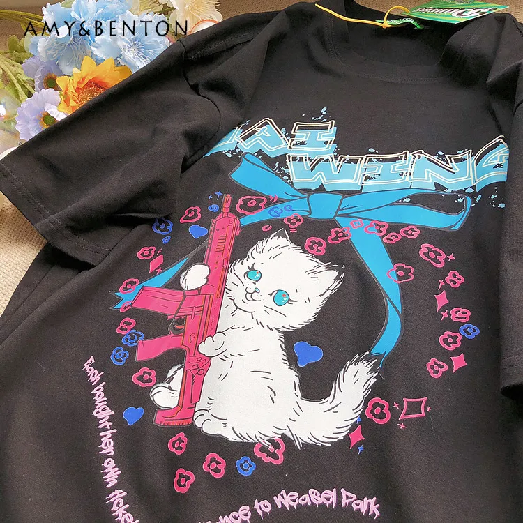 Summer Sweet Cute Women Cartoon Cat Letter Print Loose Casual Black Gray Blue Pink White Round Neck Short Sleeve T-Shirt
Summer Sweet Cute Women Cartoon Cat Letter Print Loose Casual Black Gray Blue Pink White Round Neck Short Sleeve T-Shirt