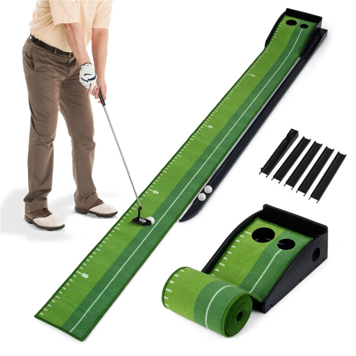 Indoor Golf Putting Mat with Ball Return Track 2 Hole Sizes Distance Markings 3 Balls Included
Indoor Golf Putting Mat with Ball Return Track 2 Hole Sizes Distance Markings 3 Balls Included